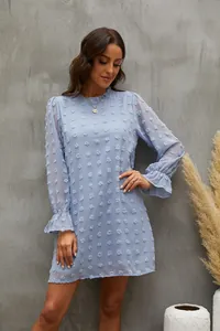 Elegante abito in chiffon azzurro a maniche lunghe con dettagli jacquard a pompon