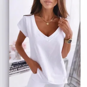 Elegante maglietta bianca da donna con scollo a V e maniche corte per l'estate