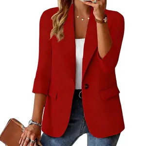 Detailed view of women's red casual blazer with 3/4 sleeves and open front design.