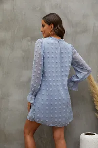 Vista posteriore di un vestito in chiffon azzurro a maniche lunghe con pois