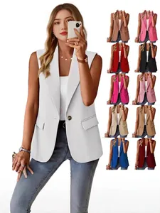 Giacca Blazer da Donna Autunnale Senza Maniche Tinta Unita Casual Media Lunghezza Rever Classico Bottone Singolo Gilet Ufficio Con Tasche