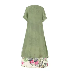 Détail de la vue arrière d'une robe longue décontractée en coton et lin avec ourlet floral