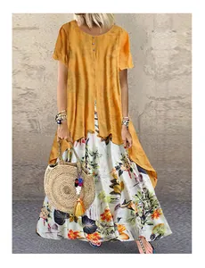 Haut de tunique en coton lin jaune style bohème avec jupe longue florale pour femmes