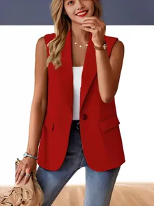 Gilet blazer rosso senza maniche da donna, capospalla elegante autunnale per ufficio