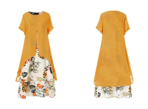 Vue détaillée montrant l'avant et l'arrière d'une robe longue en coton et lin jaune à fleurs