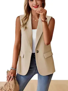 Gilet blazer da donna smanicato a tinta unita classico con bavero e singolo bottone