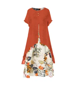 Robe longue bohème grande taille en coton et lin à imprimé fleuri et haut orange