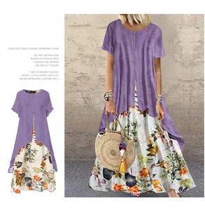 Haut violet asymétrique et jupe longue fleurie en coton et lin pour femmes