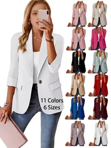 Women Professional Blazer Jacket Three Quarter Sleeve Solid Color Lapel Suit Coat Business Casual Office Commuter Outwear Polyester