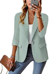 Professional women's 3/4 sleeve solid color blazer jacket in sage green with button