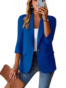 Elegant royal blue women's blazer with three-quarter sleeves and single button closure.