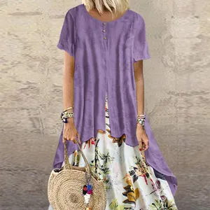 Robe longue élégante en coton et lin à fleurs violettes avec ourlet évasé