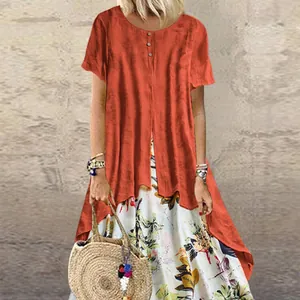 Robe longue en coton et lin à fleurs grande taille avec boutons