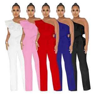 Detailed view of women's one-shoulder ruffled jumpsuits in five solid color options