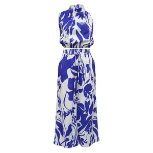 Blue and white floral print two-piece set featuring sleeveless top and wide-leg pants