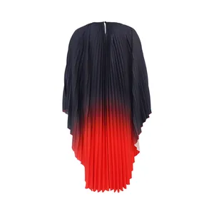 Detail of back view showing red gradient pleated batwing dress with keyhole closure