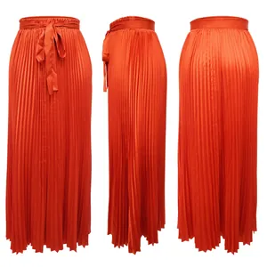 High-waisted orange pleated maxi skirt shown in front, side, and back views
