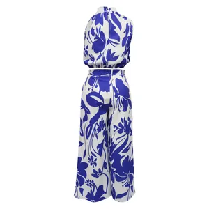 Two-piece set with sleeveless top and wide-leg pants in blue floral print back view
