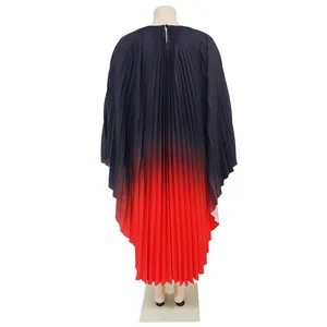 Detailed back view of a plus-size batwing sleeve pleated dress with red and black gradient
