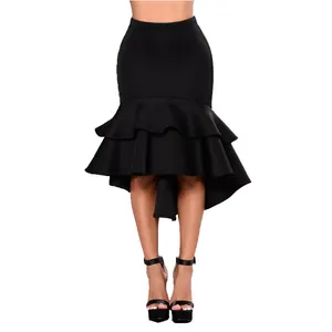 Elegant black high-low mermaid skirt with ruffled hem and slim-fit high waist design