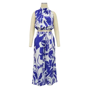 Detailed view of stylish women's floral print sleeveless top and wide-leg pants set.