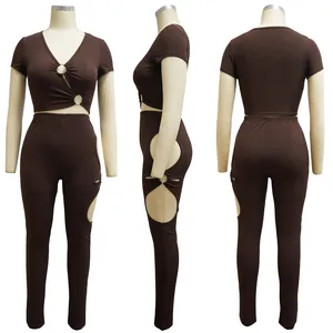 Two-piece dark brown ribbed set with V-neck crop top and cutout leggings detail view
