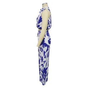 Side view detail of a chic blue and white floral print sleeveless top and pants set