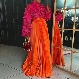 Women's Western Fashion Satin Pleated Maxi Skirt High Waist Solid Color Elegant A-Line Long Skirt With Tie-Up For Daily Wear