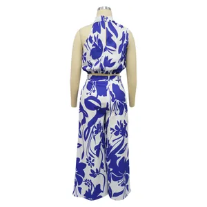 Back view of a stylish sleeveless two-piece set with blue floral print and wide-leg pants