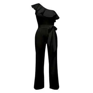 Solid black one-shoulder jumpsuit featuring elegant ruffled neckline and matching waist tie