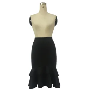 Elegant black high-low fishtail skirt for women featuring a double-tiered ruffle hem design