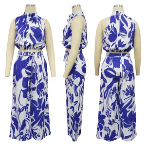 Front, side, and back views of women's blue floral print sleeveless top and pants set