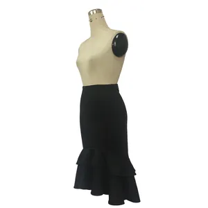 Black fishtail skirt for women with elegant high-low ruffled mermaid hem design