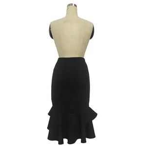 Rear view detail of black high-low mermaid skirt with ruffled hem on mannequin