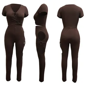 Three-angle view of brown ribbed two-piece set with V-neck top and cutout leggings.