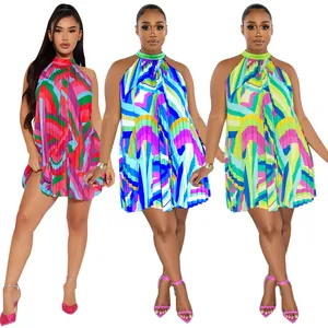 Detailed view of colorful geometric print sleeveless pleated halter beach dresses