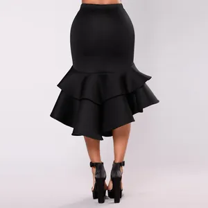 Elegant black high-low fishtail skirt featuring tiered ruffles and high waist design