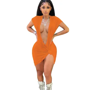 Sexy orangefarbenes Nachtclub-Minikleid mit tiefem V-Ausschnitt und Knotendetail
