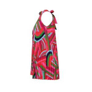 Vibrant geometric print pleated sleeveless halter-neck beach dress with bow detail.