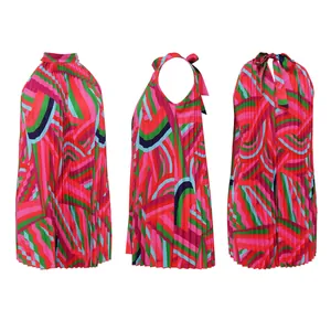 Front side and back views of a colorful pleated sleeveless beach dress with a halter neck