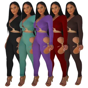 Women Sexy Ribbed Two Piece Set Deep V Neck Long Sleeve Crop Top And Cut Out High Waist Pants Top And Bottom Set