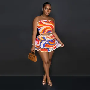 Sexy sleeveless printed two-piece mini skirt set with vibrant wave pattern for summer