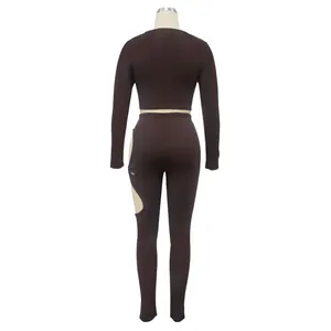 Back view of brown ribbed two-piece set with long-sleeve crop top and cutout leggings