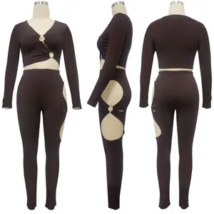 Professional three-view detail of sexy ribbed V-neck long sleeve set with cutouts