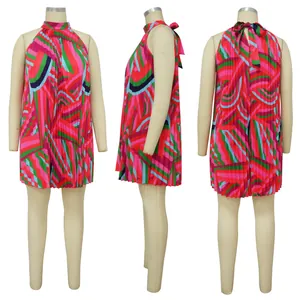 Multi-angle view of vibrant geometric print pleated sleeveless mini dress for women.