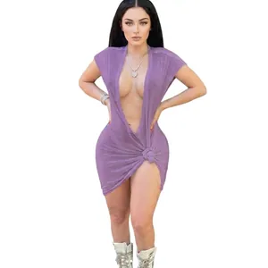Sexyes lila einfarbiges Minikleid mit tiefem V-Ausschnitt und Knotendetail für den Club