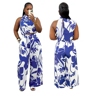 Front and back view of blue and white floral sleeveless top and wide-leg trousers set