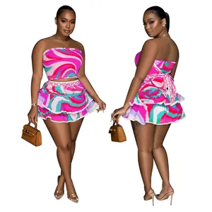Sexy vibrant colorful printed two-piece set with tube top and tiered ruffle mini skirt