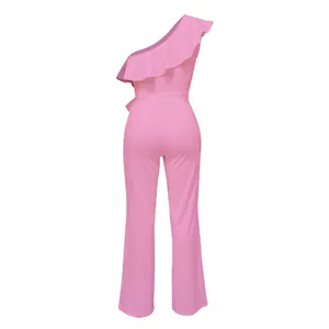 Back view of elegant pink one-shoulder ruffled jumpsuit featuring a matching waist belt
