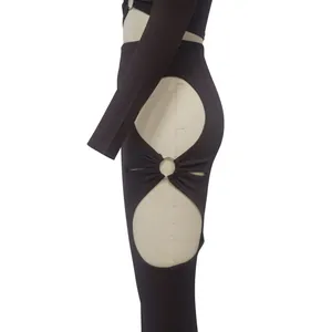 Detailed view of sexy ribbed two-piece set featuring side cut-outs and a metal ring.